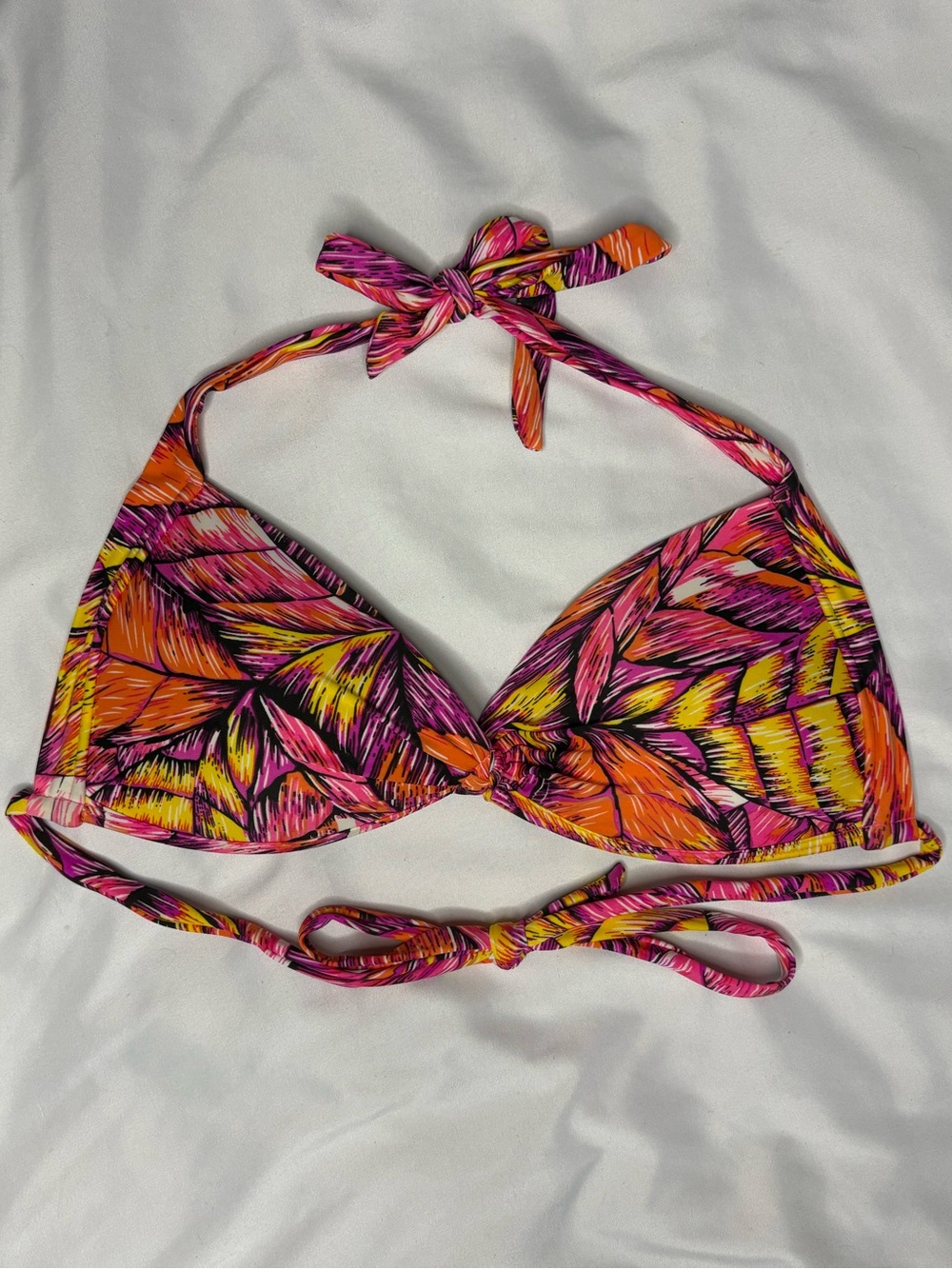 Tropical Leaf Print Halter Bikini Top - Pink Orange Yellow